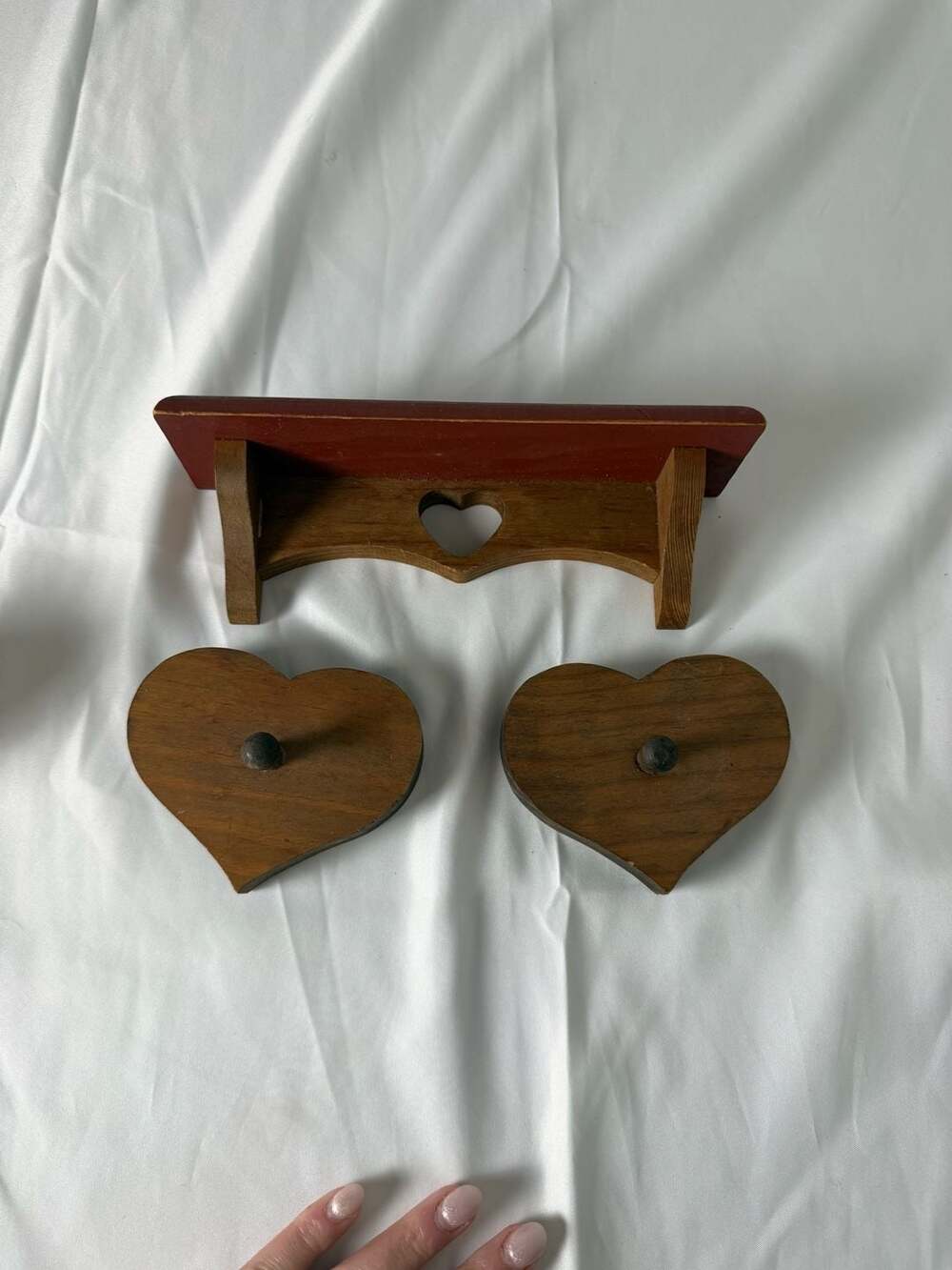 Mini Vintage Handcrafted Wooden Wall Shelf with Heart Cutout and Two Heart-Shape